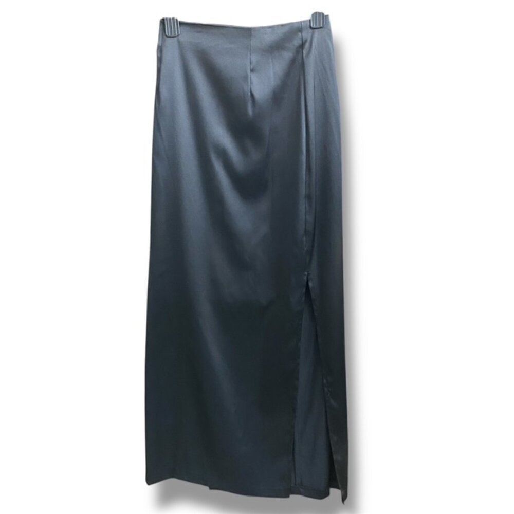 90s Y2K Satin Slip Maxi Skirt Black Side Slit Bias Cut Goth Office Siren Sz 5 XS